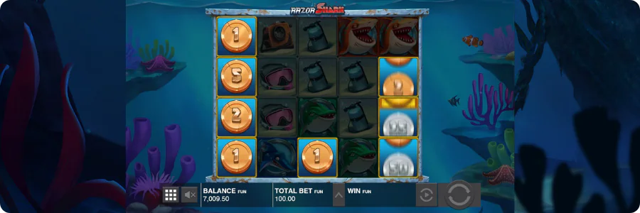Razor Reveal Feature i Razor Shark med gyllene Bet Multiplier-mynt