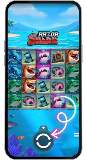 Spin-knappen i Razor Shark slot på mobilen redo att tryckas